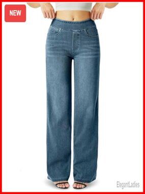 High Waisted Wide Leg Stretch Knit Denim Jeans with Pockets